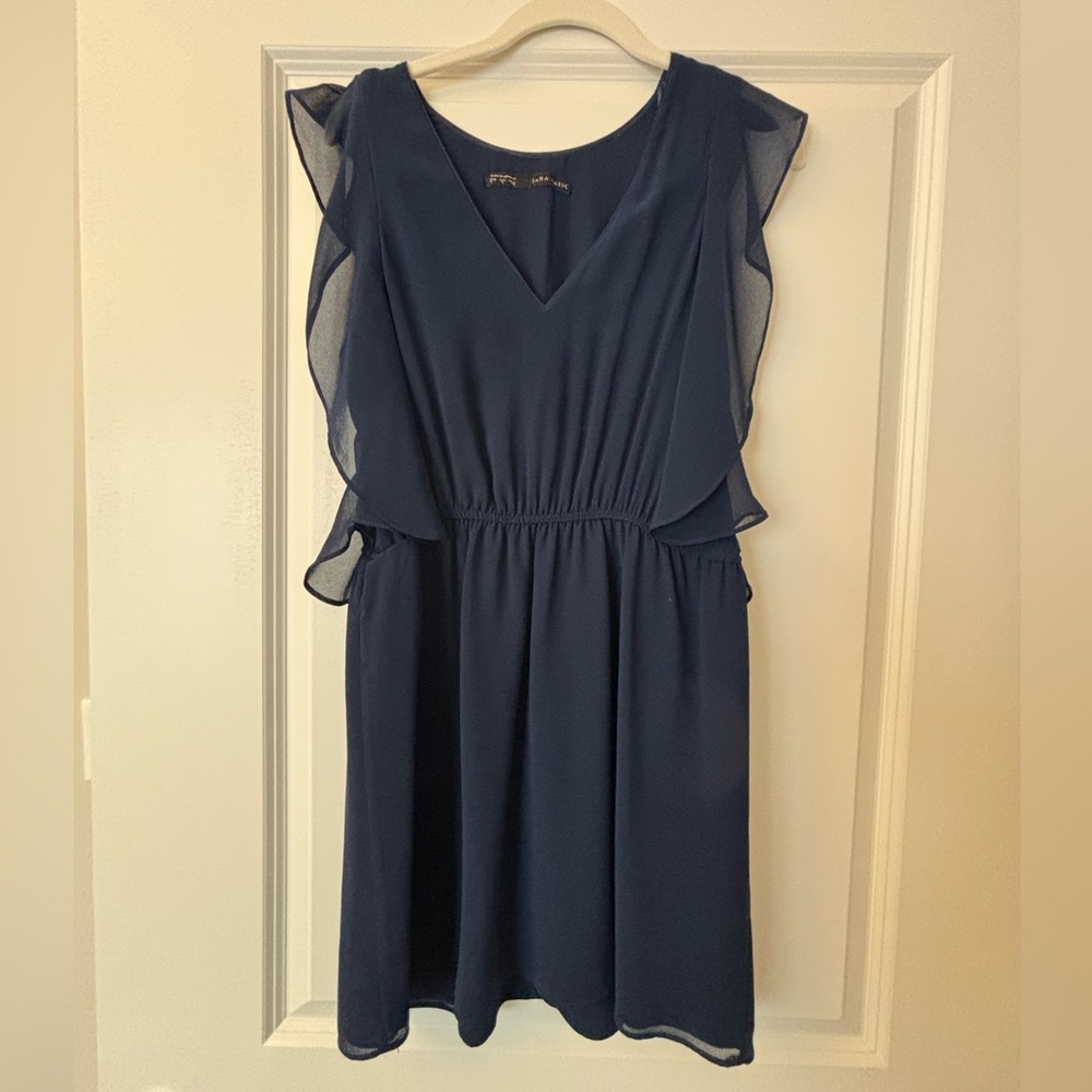 Zara Basic Navy Blue Ruffle-Sleeve Dress – Size Small 💙